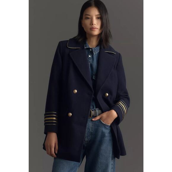 New Anthropologie Maeve Military Peacoat $198 SMALL Navy Double Breasted - Picture 2 of 7